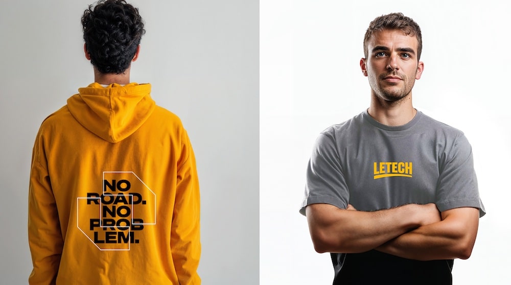 LeTech Merch: Sweat- und T-Shirt mit Wortlogo oder Slogan: No Road. No Problem samt feinlinierter Bildmarke darüber