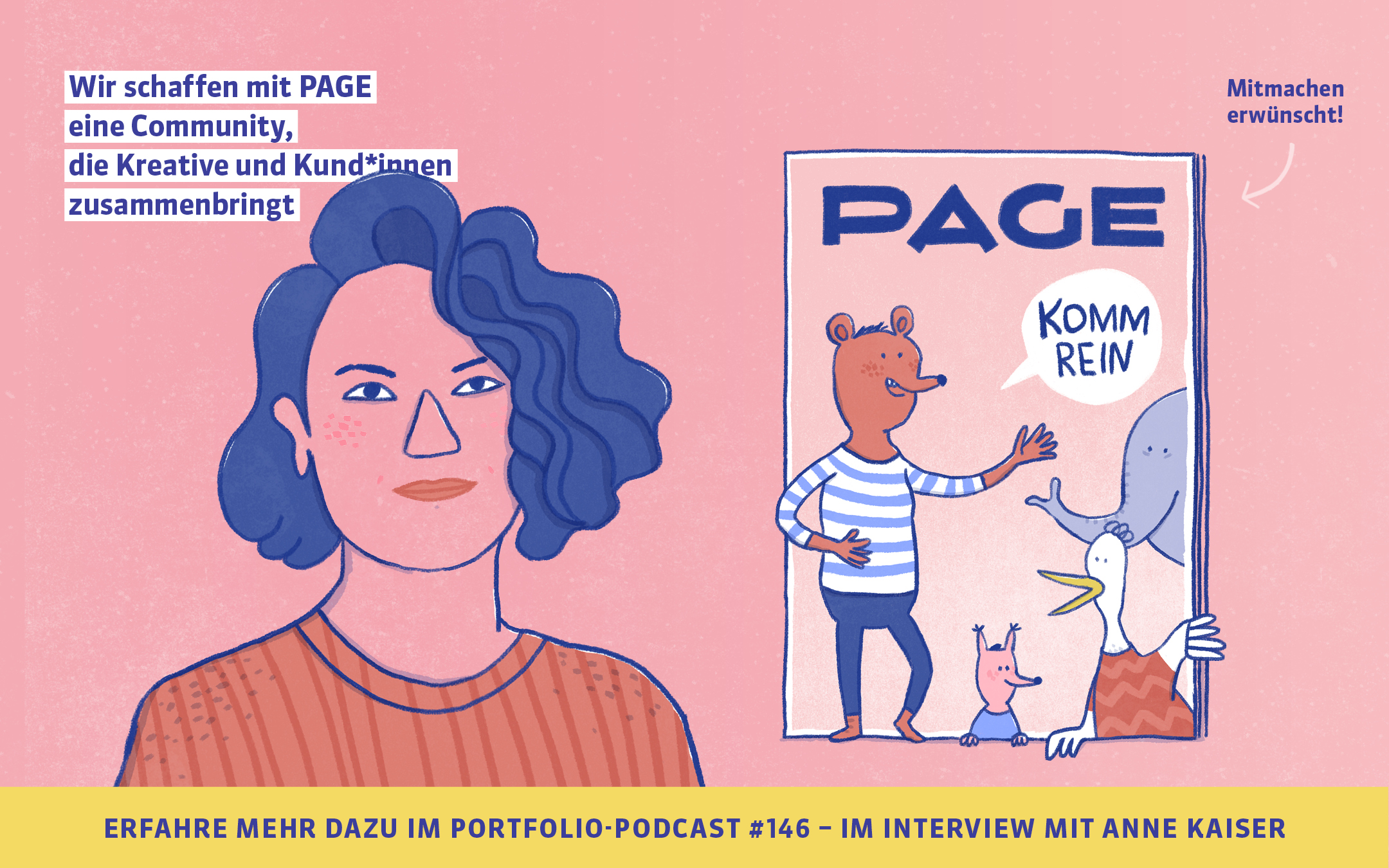 Zwei Illustrationen auf rosa Grund: ein Portrait von Anne Kaiser, daneben ein illustriertes PAGE Magazin, dessen Cover dazu einlädt, zu partizipieren