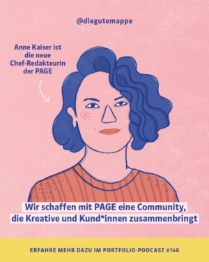 Eine Illustration, die Anne Kaiser mit blauen, lockigen kurzen Haaren und einem roten Oberteil zeigt