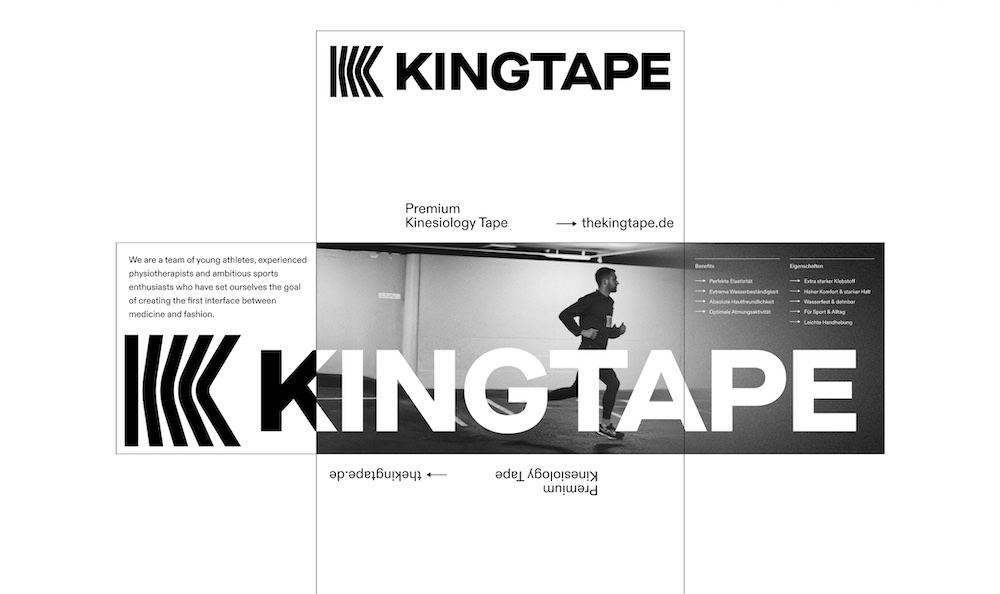 Kingtape Packaging in schwarzweiß mit horizontalem Logo und Bild von Sportler