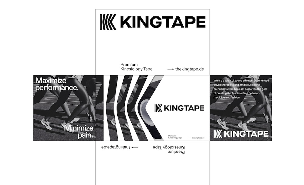 Kingtape Packaging in schwarzweiß mit horizontalem Logo und Bild von Läuferinnen