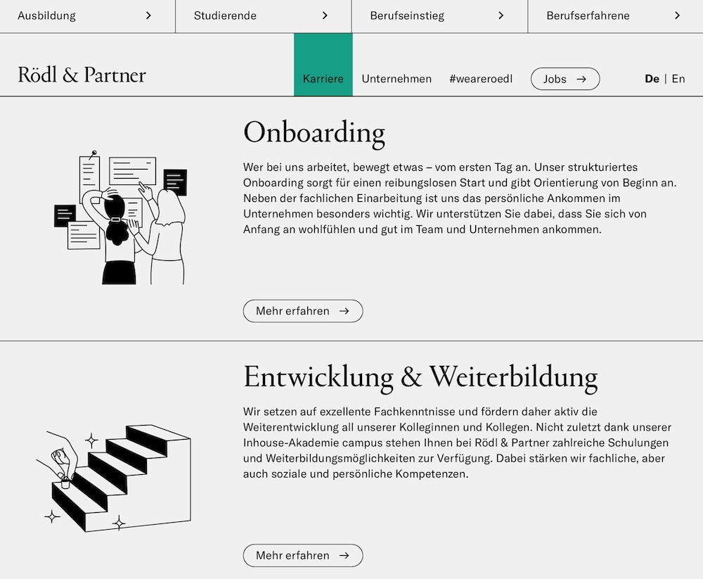 Website Screenshot schwarzweiß mit Illustrationen zu Onboarding und Entwicklung und Weiterbildung mit Karrieretreppe