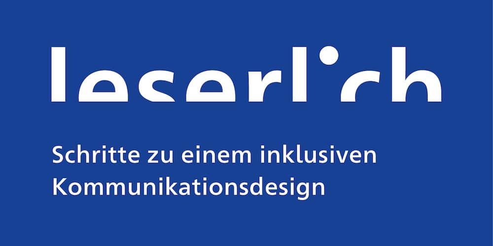 Logo der digitalen Plattform leserlich.info mit weißer Schrift auf blauem Hintergrund, die Schritte zu einem inklusiven Kommunikationsdesign aufzeigt