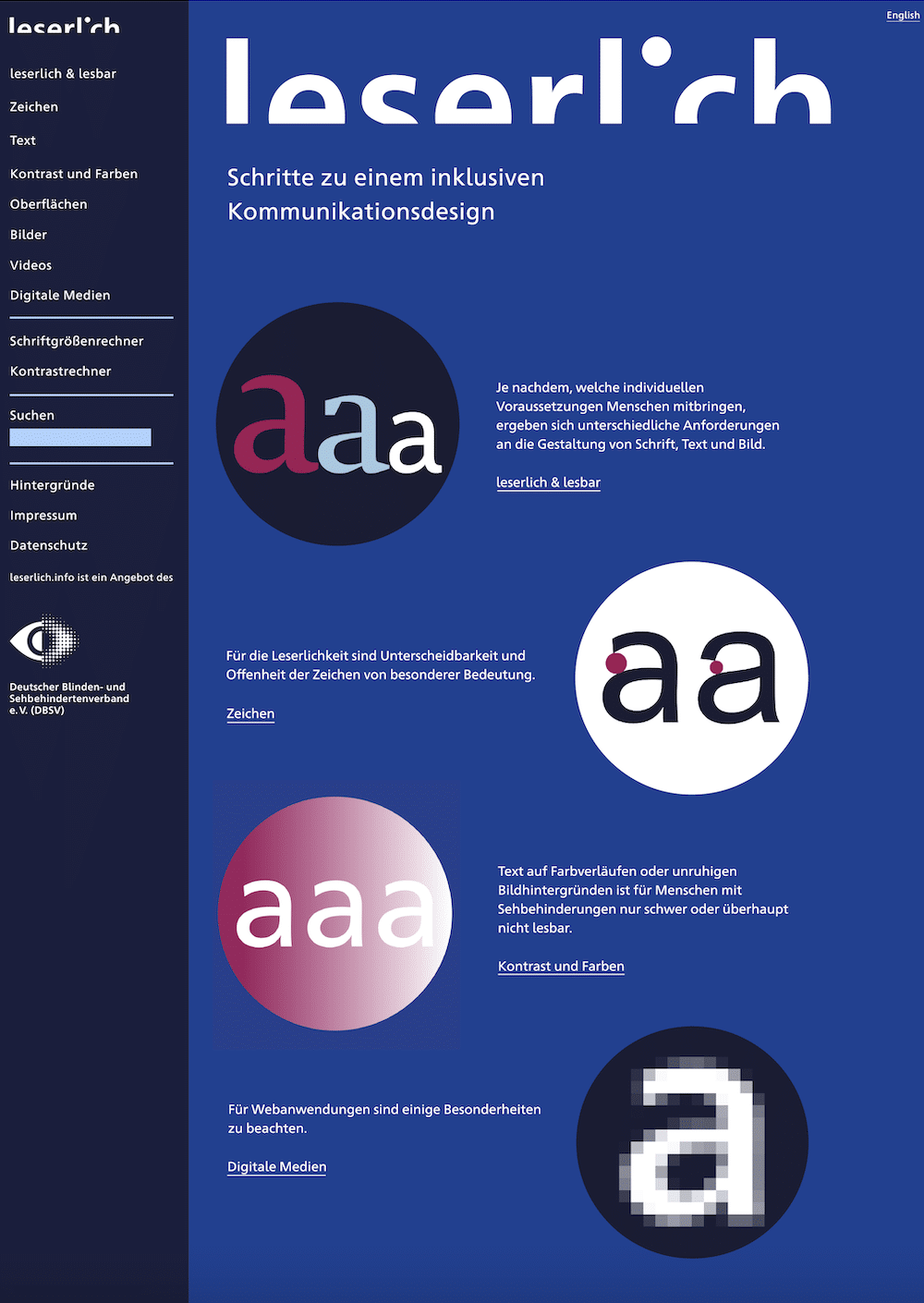 Startwebsite von leserlich.info mit typografischen Beispielen des Buchstaben a zur besseren und inklusiveren Lesbarkeit