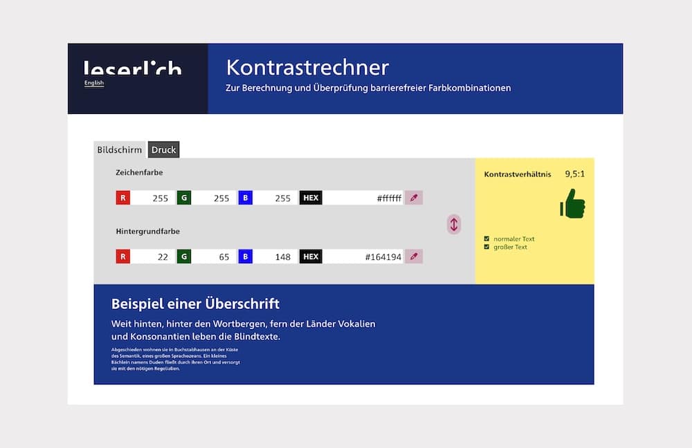 Der Kontrastrechner von leserlich.info zu Zeichenfarbe und Hintergrundfarbe zur besseren und inklusiveren Lesbarkeit