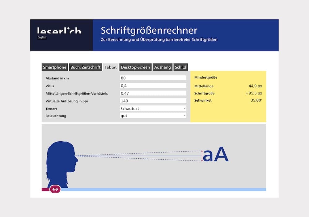 Der Schriftgrößenrechner von leserlich.info zur besseren und inklusiveren Lesbarkeit