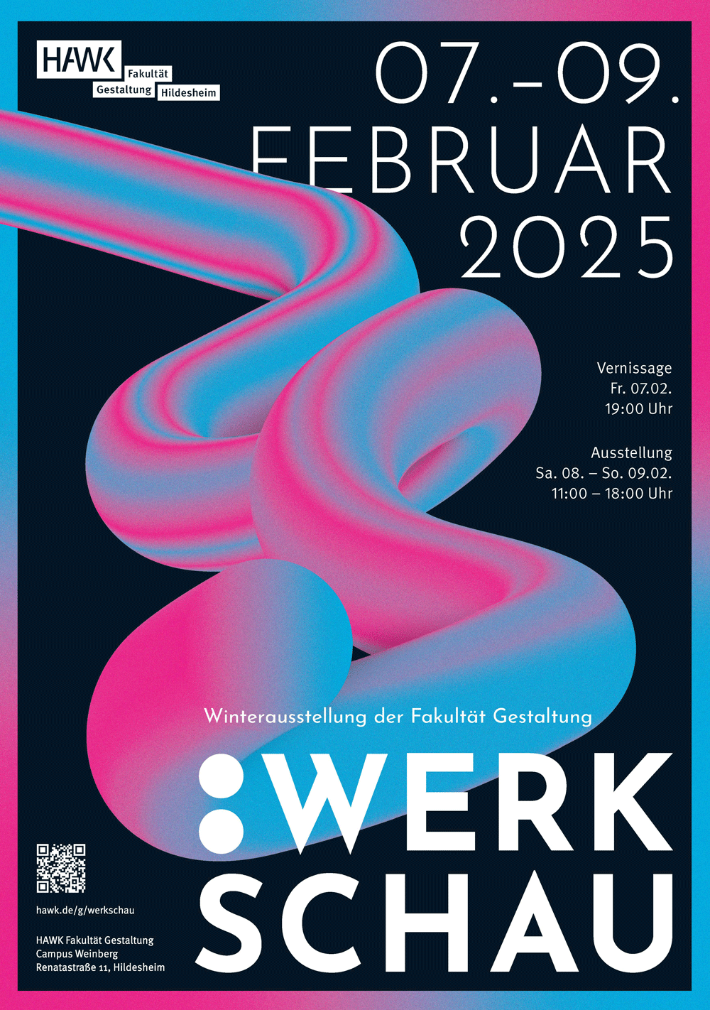 Poster und Key Visual für die Werkschau 2025 an der Fakultät Gestaltung der HAWK Hochschule für angewandte Wissenschaft und Kunst Hildesheim/Holzminden/Göttingen