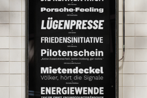 Ein schwarzes Plakat mit versachiedenen Fontsamples vor einer weißen Wand