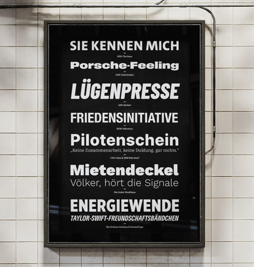 Ein schwarzes Plakat mit versachiedenen Fontsamples vor einer weißen Wand