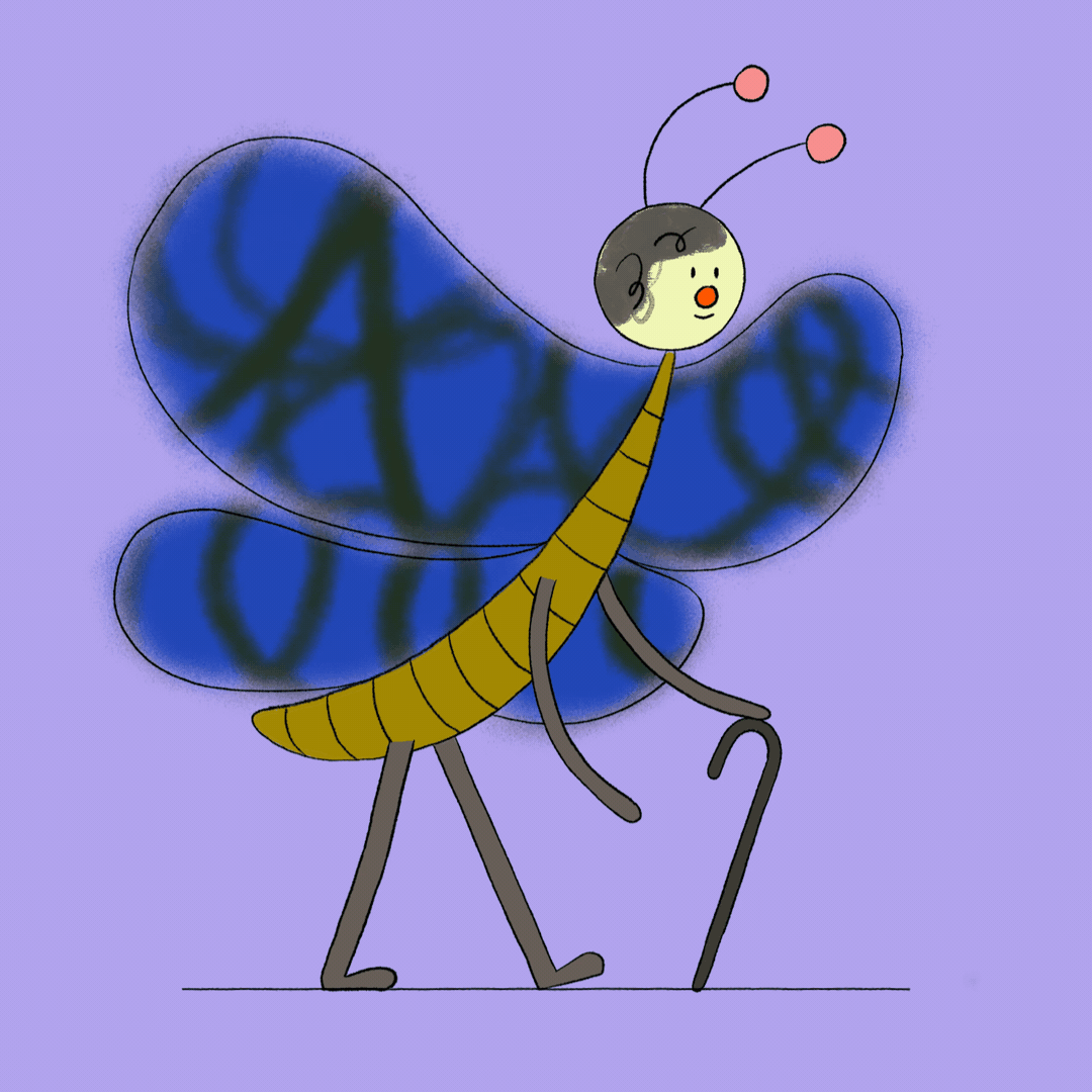 Porträt der Woche Sandra Barth, Animation Butterfly, Comnic-Schmetterling spaziert mit Gehstock vor lila Hintergrund