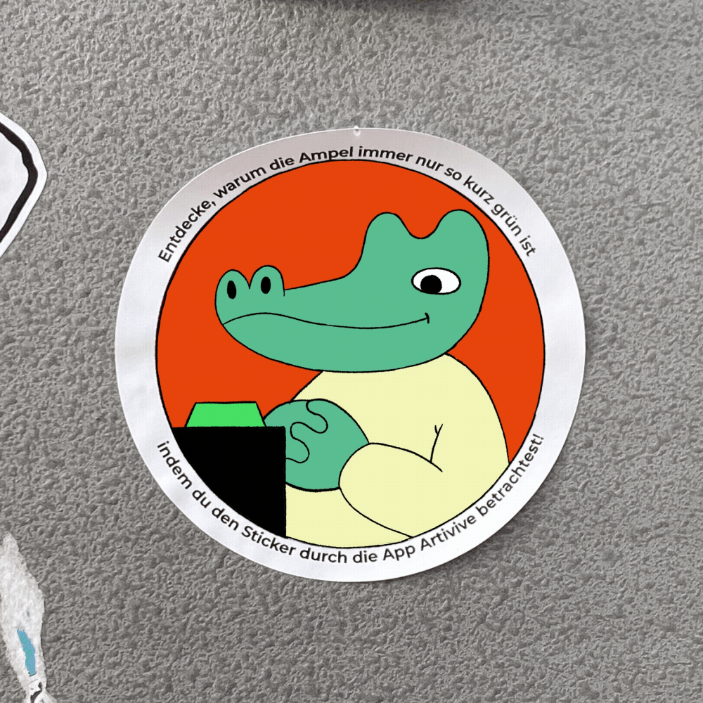 Porträt der Woche Sandra Barth, AR Animation im für Brave Technology Tutorials, runder Sticker, in dem sich ein Comic-Krokodil vor abwechselnd rotem und grünem Hintergrund bewegt