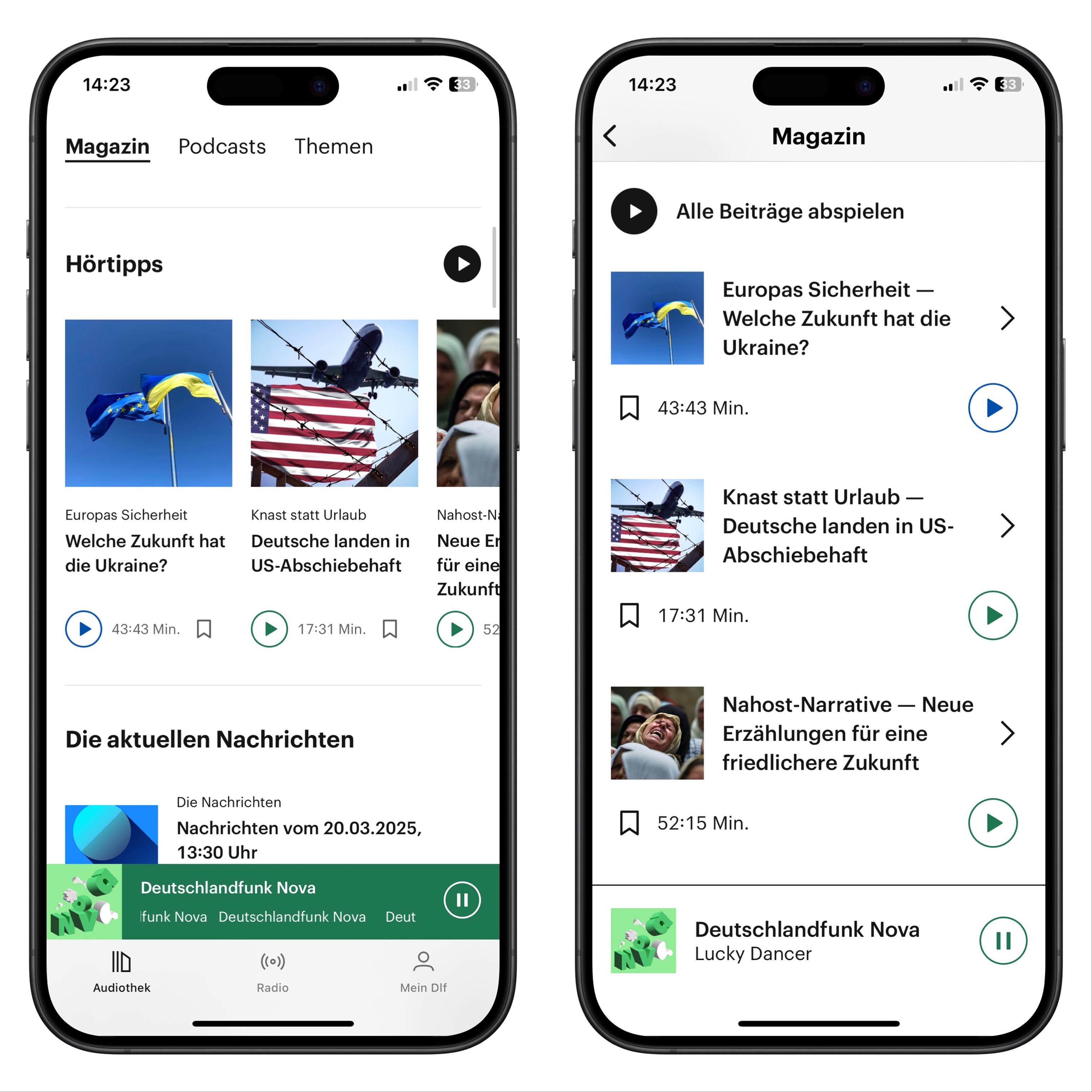 Links Standard Modus: Magazinübersicht mit großformatigen Kacheln für Hörtipps. Sichtbare Kategorien, Beiträge mit Bildern und vollständiger Titelanzeige. Navigationselemente oben vorhanden. Rechts Einfach Modus: Magazinansicht reduziert auf Listenform. Beiträge werden untereinander mit Bild, Titel, Dauer und Abspielknopf angezeigt. Kategorien entfallen, Fokus auf schneller Übersichtlichkeit.