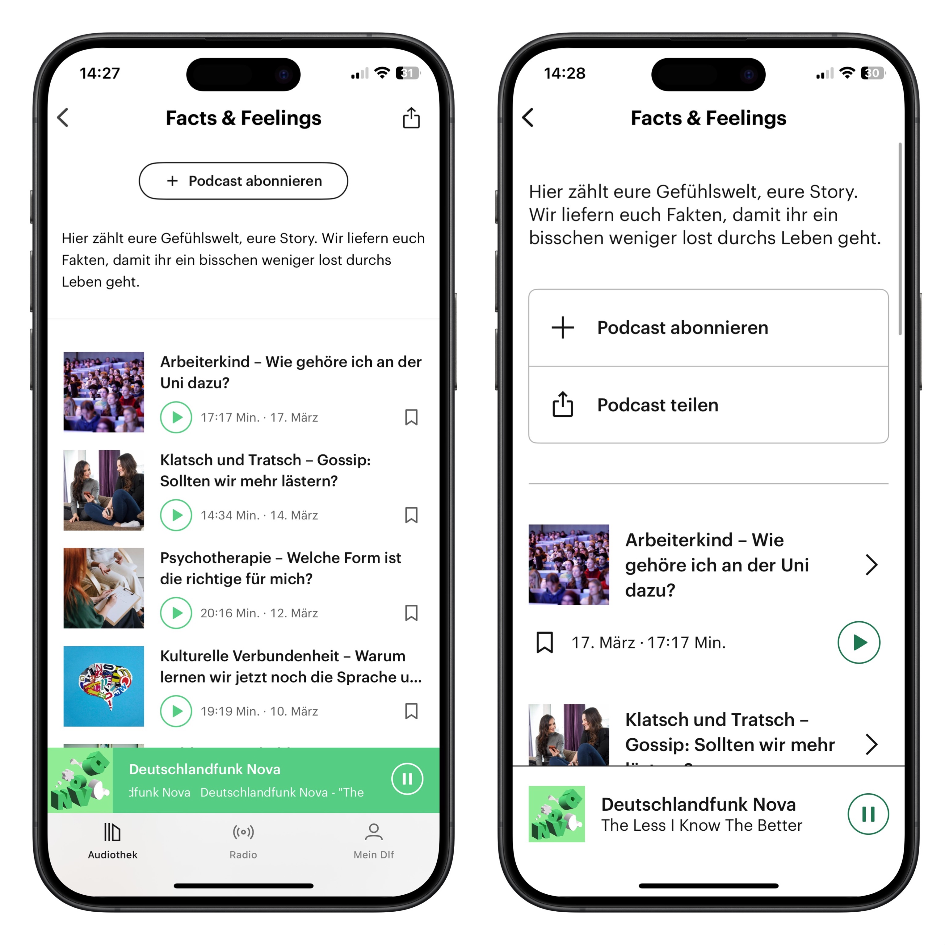 Facts & Feelings. Linker Screenshot: Standard Modus mit kompakter Listenansicht und kleinerem Text. Rechter Screenshot: Einfacher Modus mit größeren Bedienelementen, klarerer Gliederung und zusätzlichen großen Buttons für ‚Podcast abonnieren‘ und ‚Podcast teilen‘.“