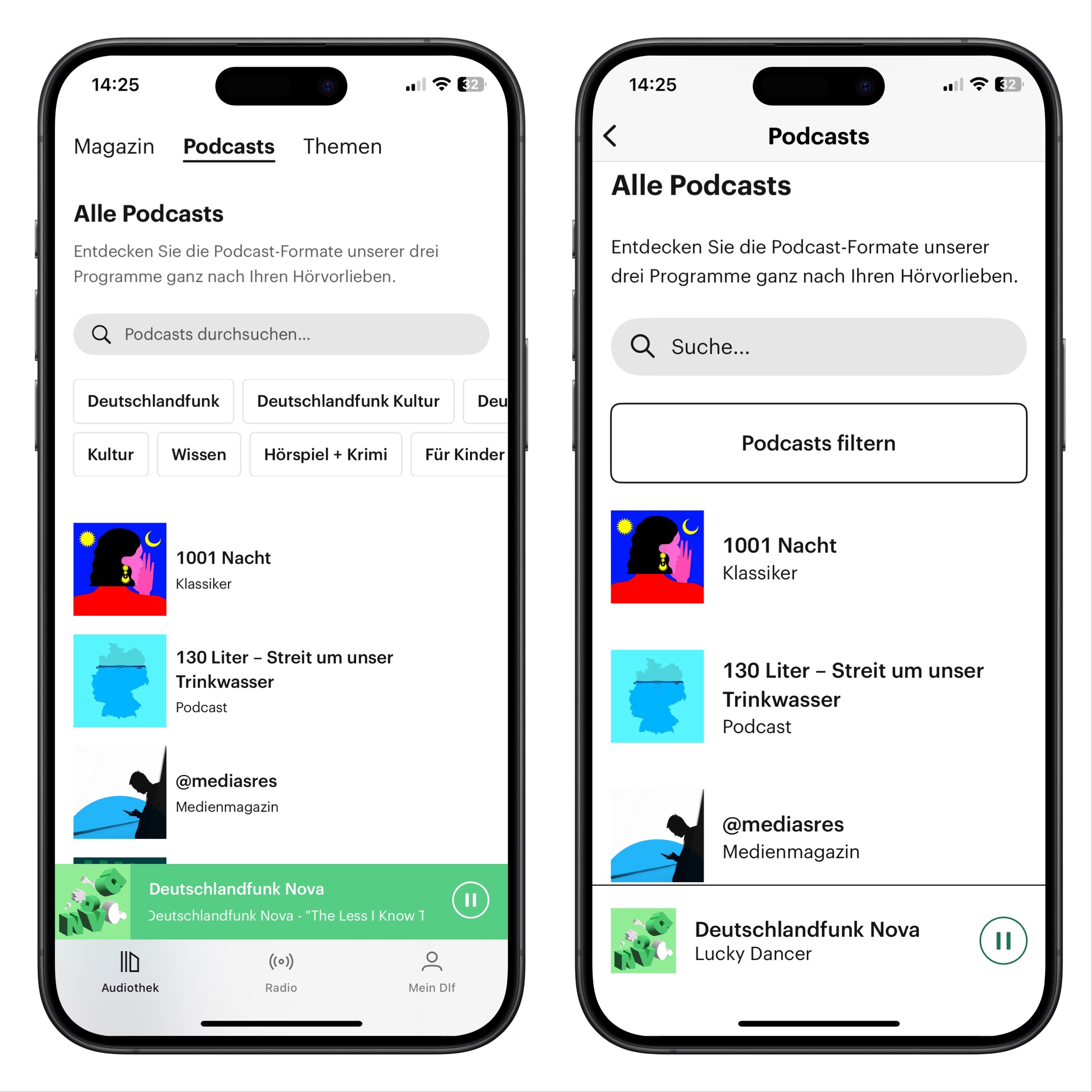 Links im Standard-Modus: eine Übersicht aller Podcasts mit Auswahlmöglichkeiten nach Sender und Kategorie, Suchfeld für Podcasts, darunter Podcastliste mit Bildern und Titeln. Die Navigation oben ist vollständig sichtbar. Rechts Einfach Modus: Die Podcastübersicht kommt ohne Kategorieauswahl. Nur ein großes Suchfeld mit Button „Podcasts filtern“, darunter reduzierte Podcastliste. Die Bedienung ist klarer strukturiert.
