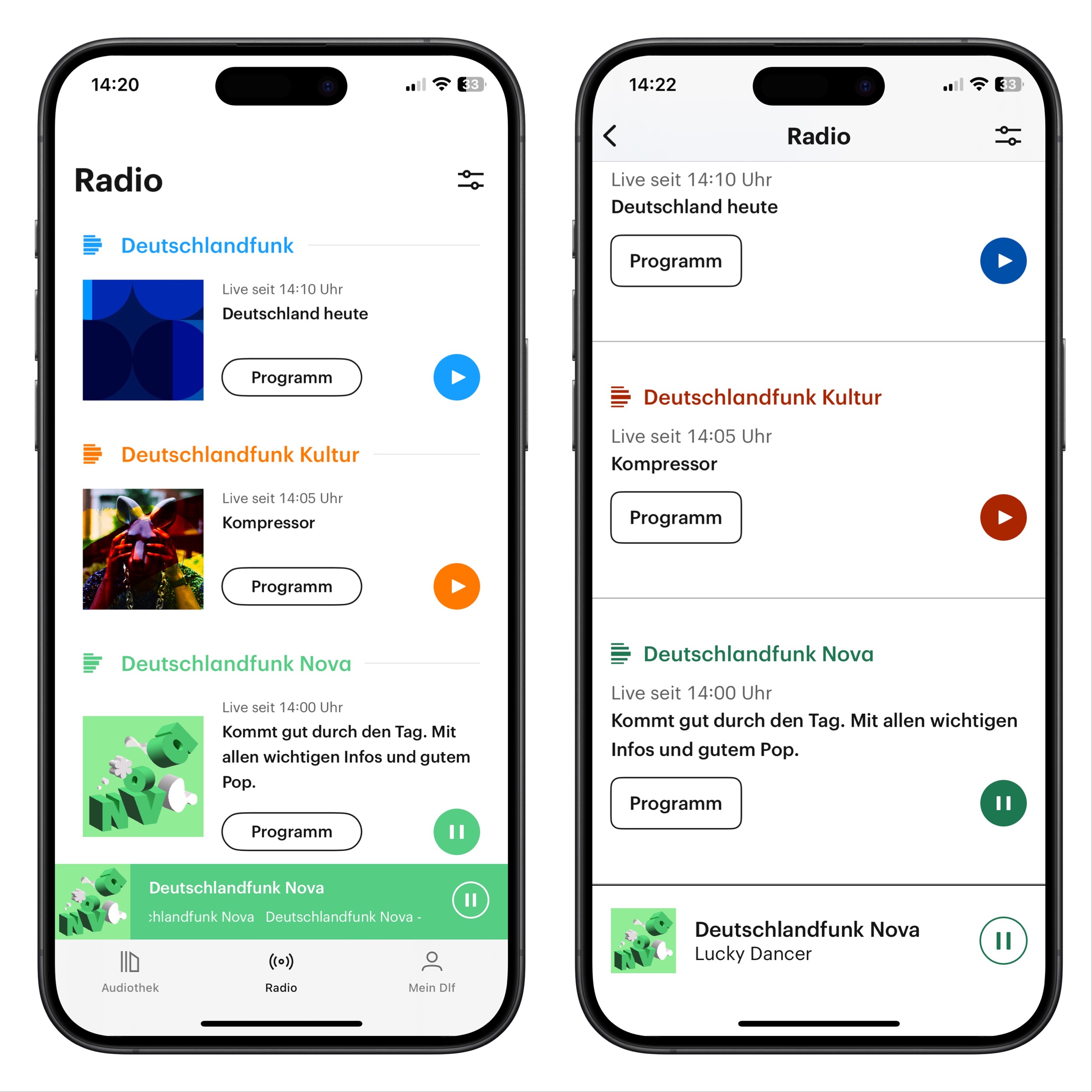 Die Interfaces im Vergleich. Links der Standard-Modus: Bilderkacheln, daneben Buttons. Rechts der Einfach-Modus: keine Bilder, große Button und höhere Kontraste.