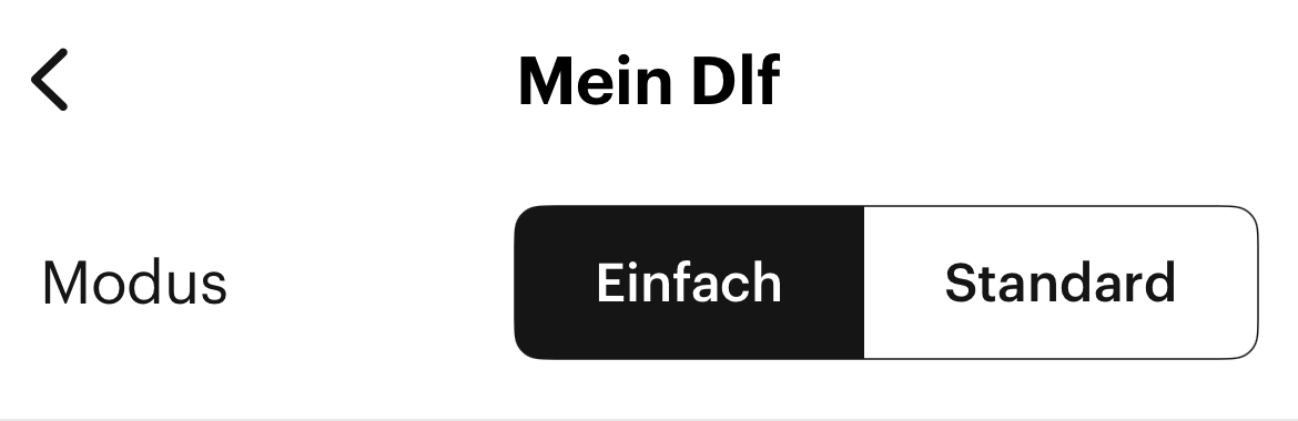 In den Einstellungen „Mein Dlf“ befindet sich ein Schieberegler zur Wahl zwischen „Einfach“- und „Standard“-Modus. Der aktuelle Modus „Einfach“ ist aktiviert.