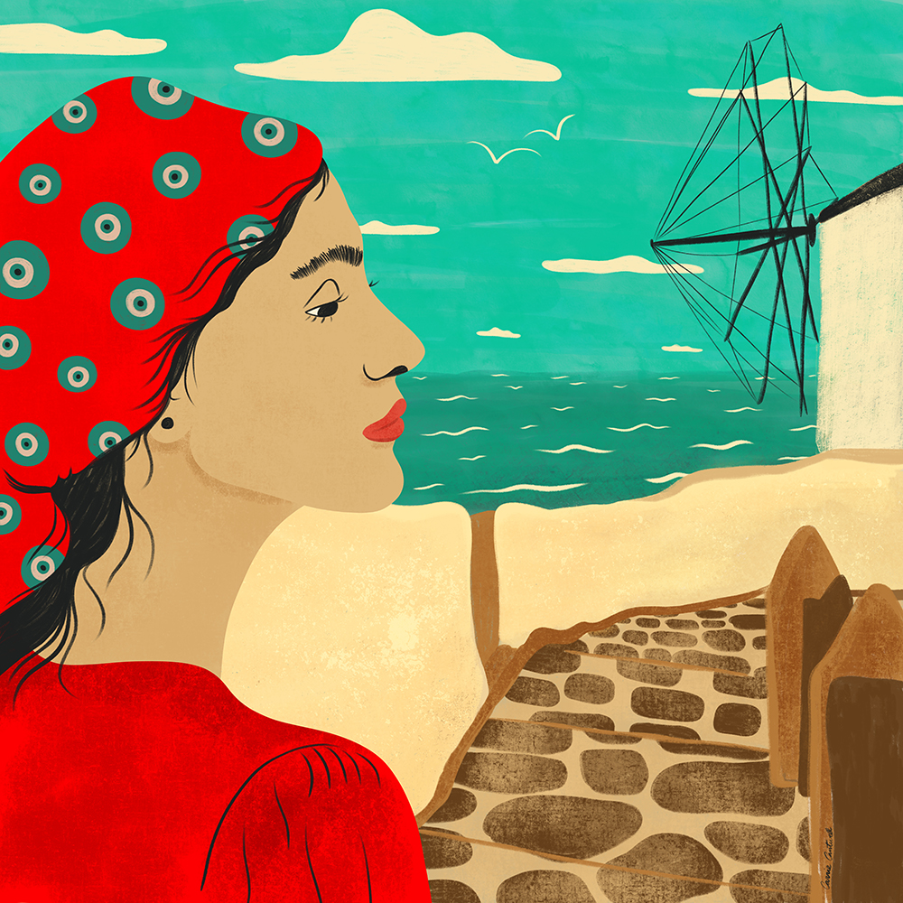 Carrie Cantwell, Illustration Greece, Frau in rotem Kleid und mit rotem Kopftuch am Strand