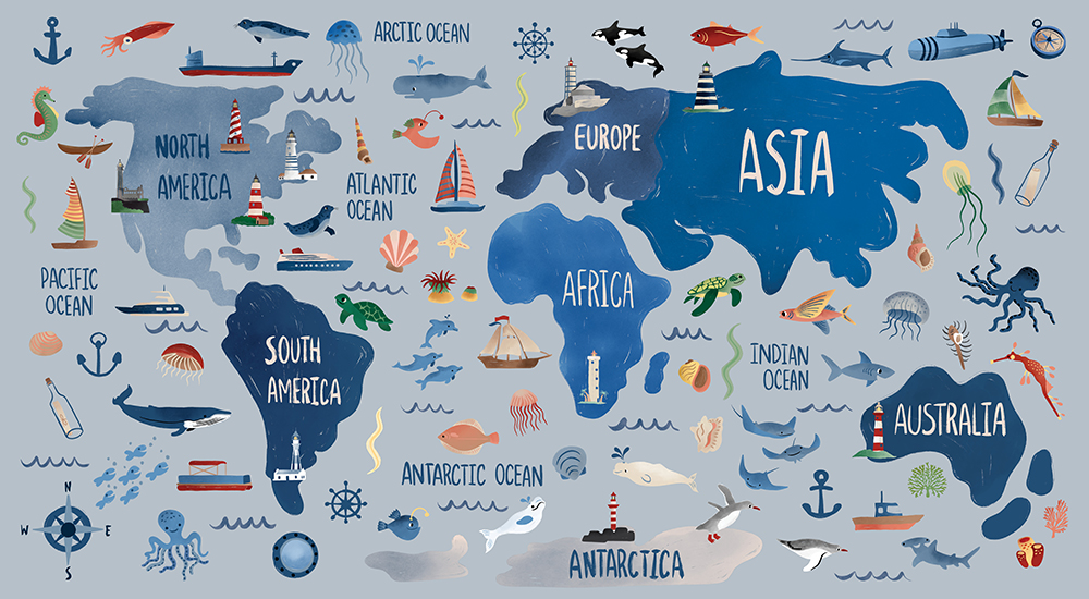 Carrie Cantwell, Illustration Nautical Map, Illustrierte Seekarte