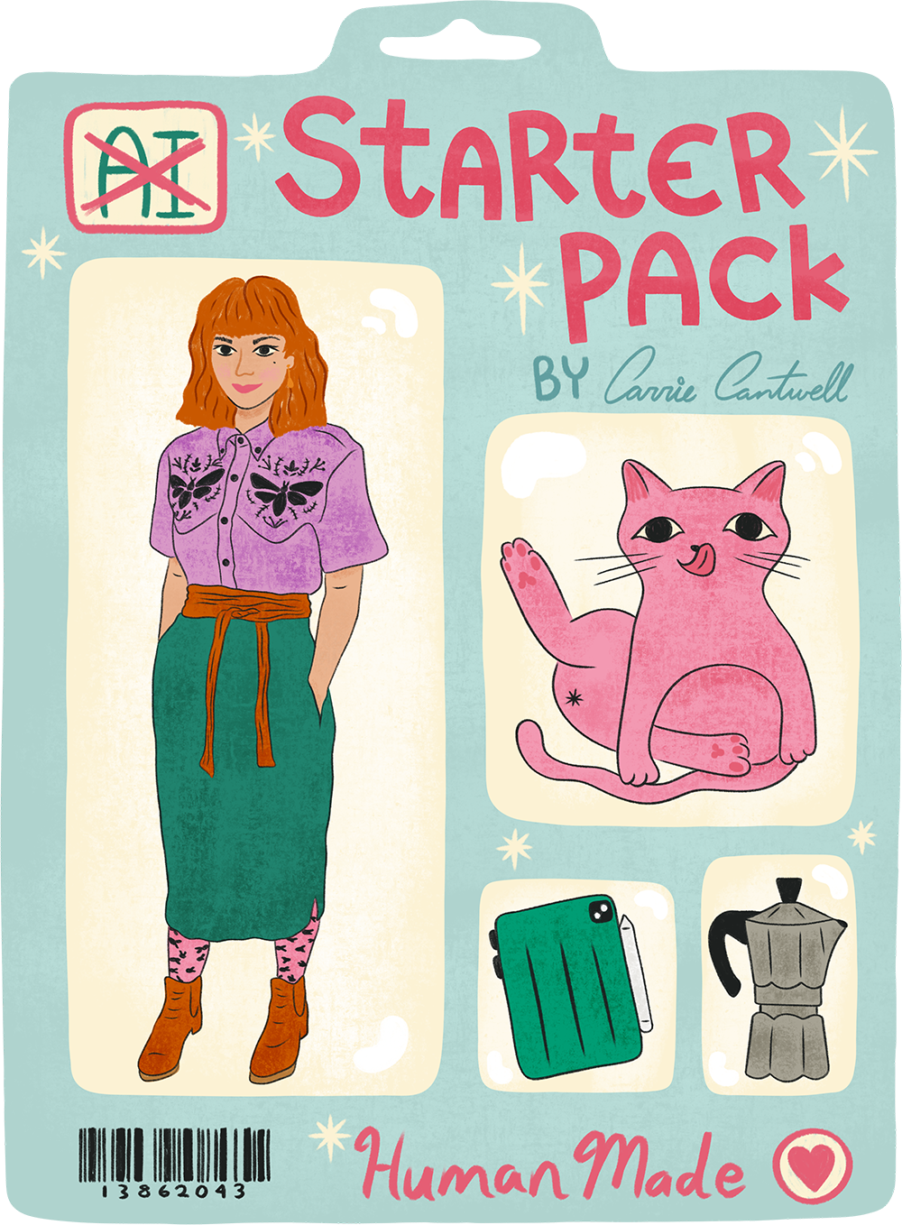 Carrie Cantwell, Illustration Starter Pack, Frau, Katze, Espressokanne, Rollkoffer