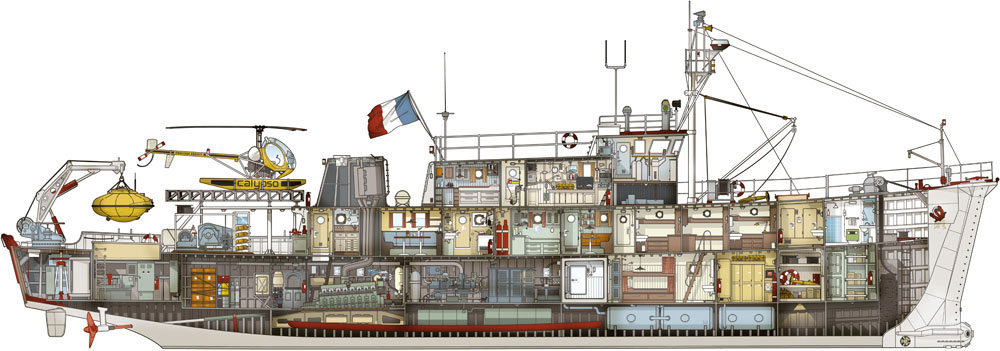 Michael Vestner Illustration, Calypso, Infografik Querschnitt eines Schiffs