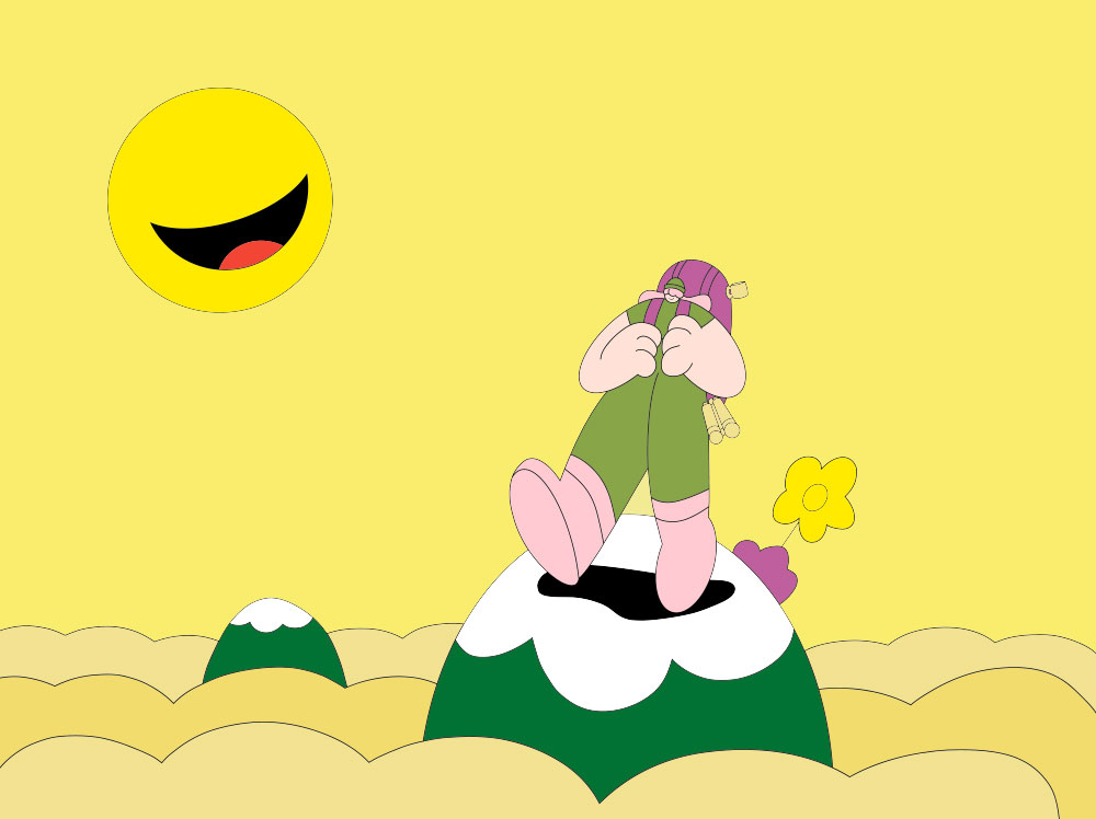 Suzu Takeshi, Illustration Happy Day, Character mit Rucksack läuft auf gelbem Wellenuntergrund, lachende Smileysonne