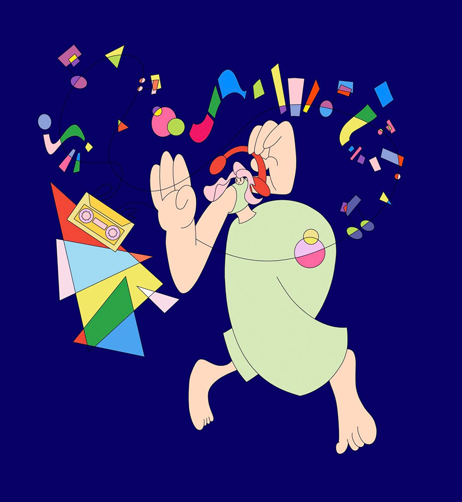 Suzu Takeshi, Illustration Music, Character, tanzende Fraue vor blauem Hintergrund, dazu bunte geometrische Formen, die Notenschlüssel andeuten