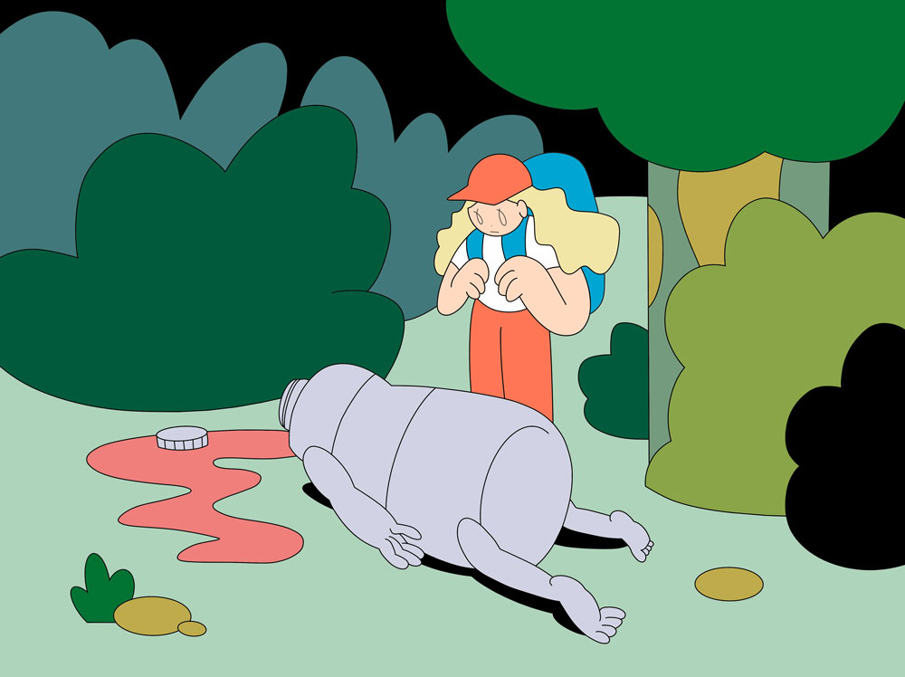 Suzu Takeshi, Illustration Plastic Bottle Nature, Character, blondes Mädchen mit Rucksack im Wald schaut traurig auf eine überdimensionierte liegende Plastikflasche, aus der rote Flüssigkeit läuft