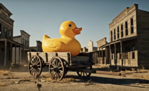 Screenshot aus Veo 3 Demo, Ente in Western-Szene