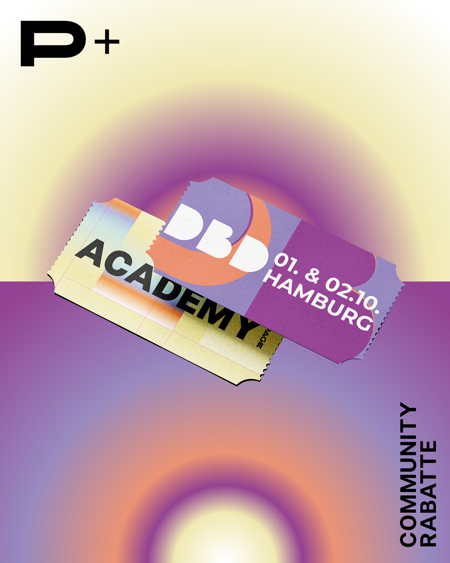 Ein Visual im PAGE Branding mit zwei gegenläufigen Farbverläufen im Hintergrund auf denen zwei Tickets schweben. Sie zeigen PAGE Academy und die Design Business Days. Darunter steht am Rand »Community Rabatte«