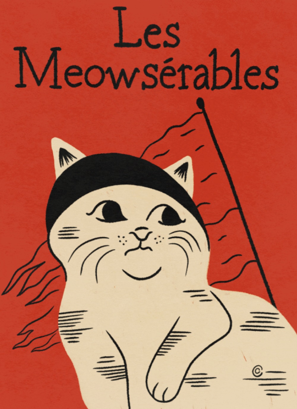 Buchcover mit leuchtend rotem Hintergrund und Katze mit wehender Flagge 