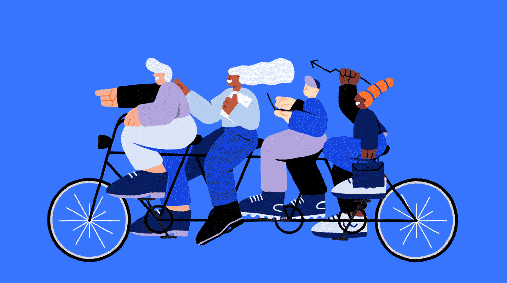  Falko Grentrup, animiertes GIF, Alecta Workplace, vier Personen auf einem Tandem vor blauem Hintergrund