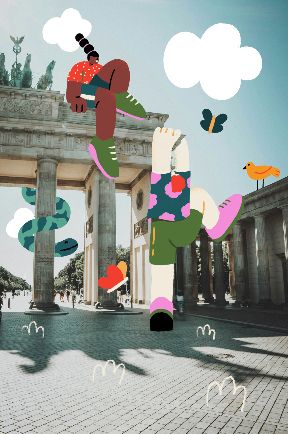 Falko Grentrup, Collage, illustrierte Personen vor und auf dem Brandenburger Tor