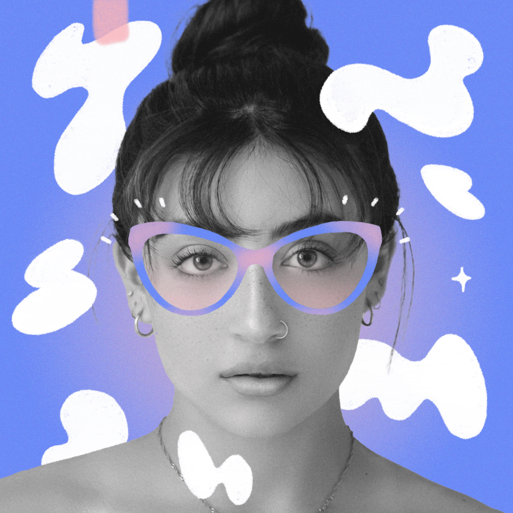 Falko Grentrup, Animiertes Gif, FRame it right, Frauengesicht mit Brille vor lila-blaumen Hintergrund und weißen Formen