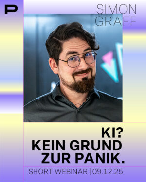 unser neues 2-Stunden-Webinar zum Thema KI-Tools: verständliche Basics, echte Cases, klare Grenzen und einfache Wege, um KI sinnvoll in den eigenen Kreativalltag zu integrieren.