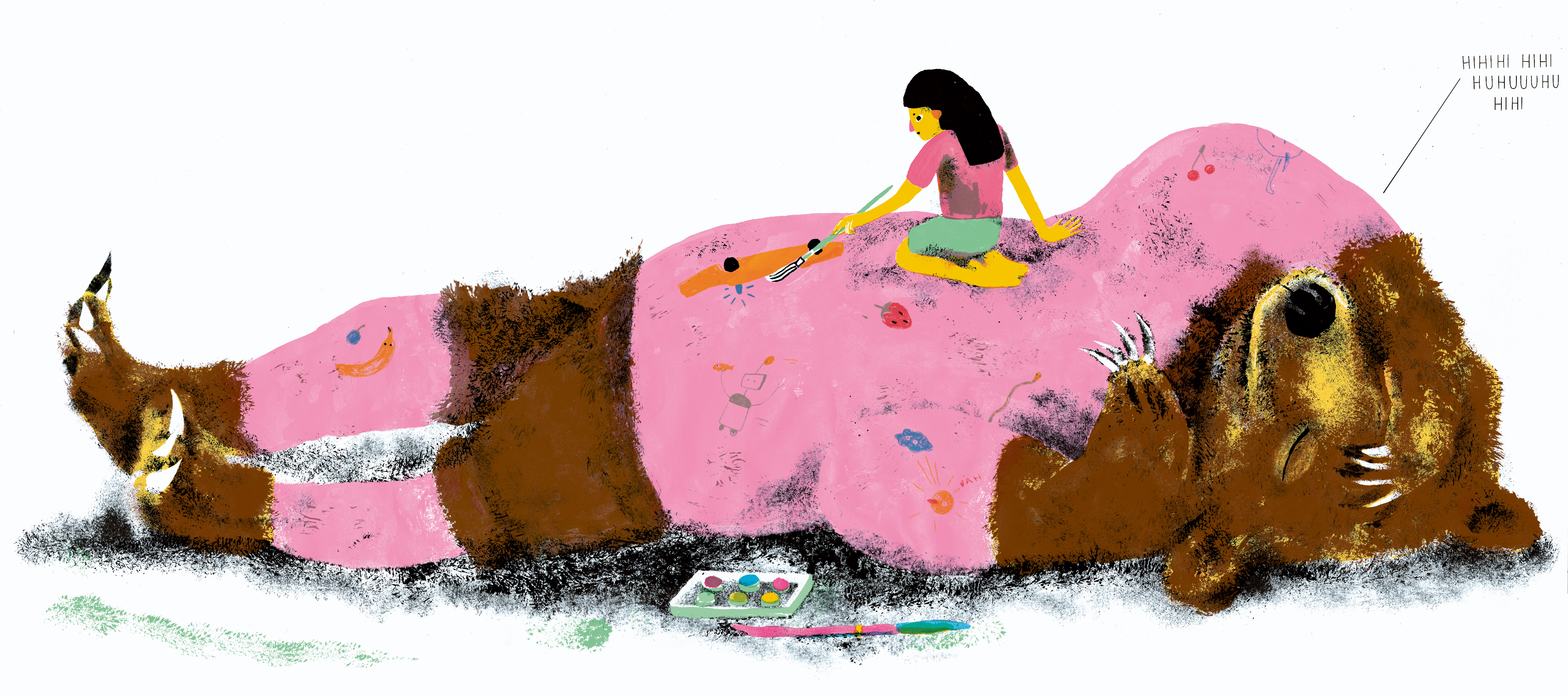 Illustration von einem schlafenden Bären, der von einem Mädchen rosa angemalt wird. Er hat schon eine Art gemaltes Oberteil und Schienbeinschoner an, sie verziert diese mit fröhlichen Mustern, während sie. mittig auf seinem Bauch weich sitzt.