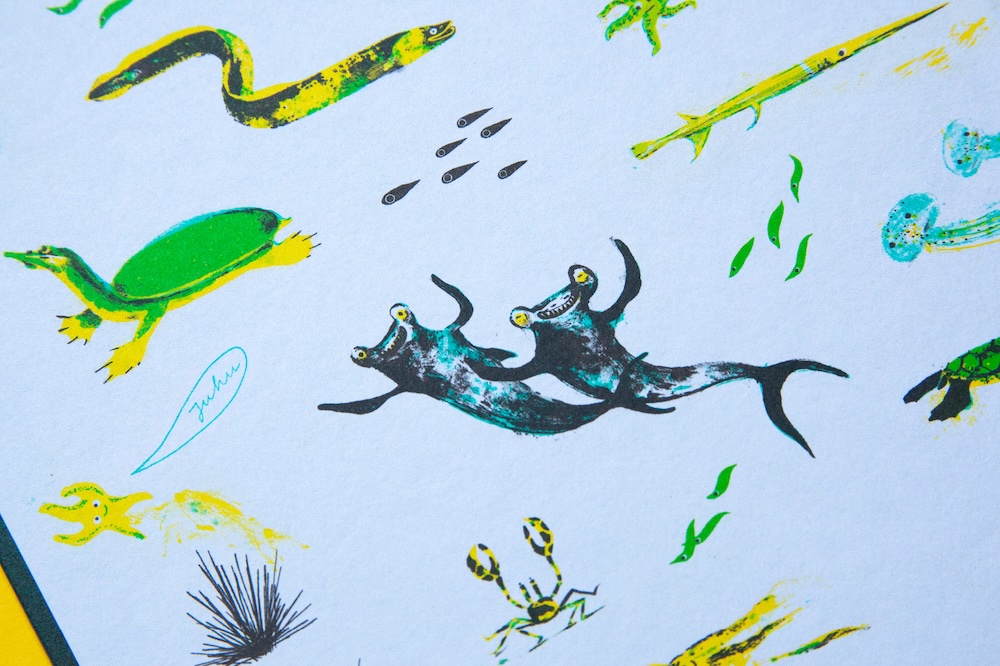 Illustrationen von Rochen, Aal, Schildkröte, Seesternen, Krabben und weiteren freundlich aussehenden Meeresbewohnerinnen auf hellblauen Hintergrund