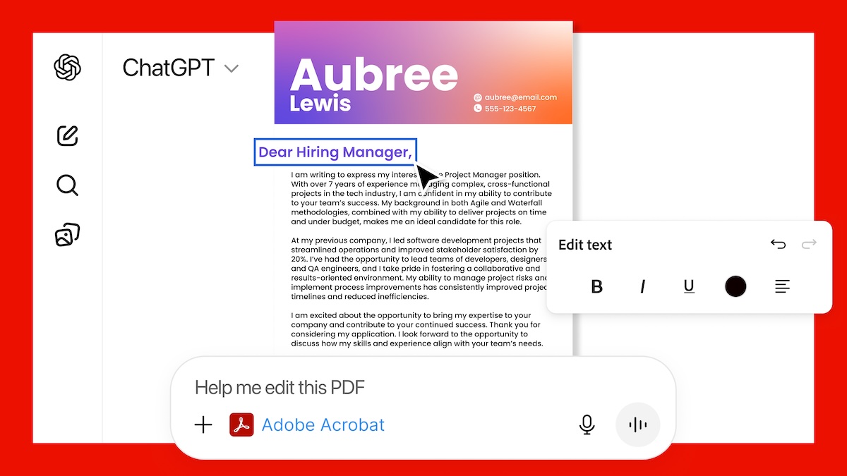 ChatGPT Oberfläche mit Adobe Acrobat, Text mit Cursor, der bearbeitet wird