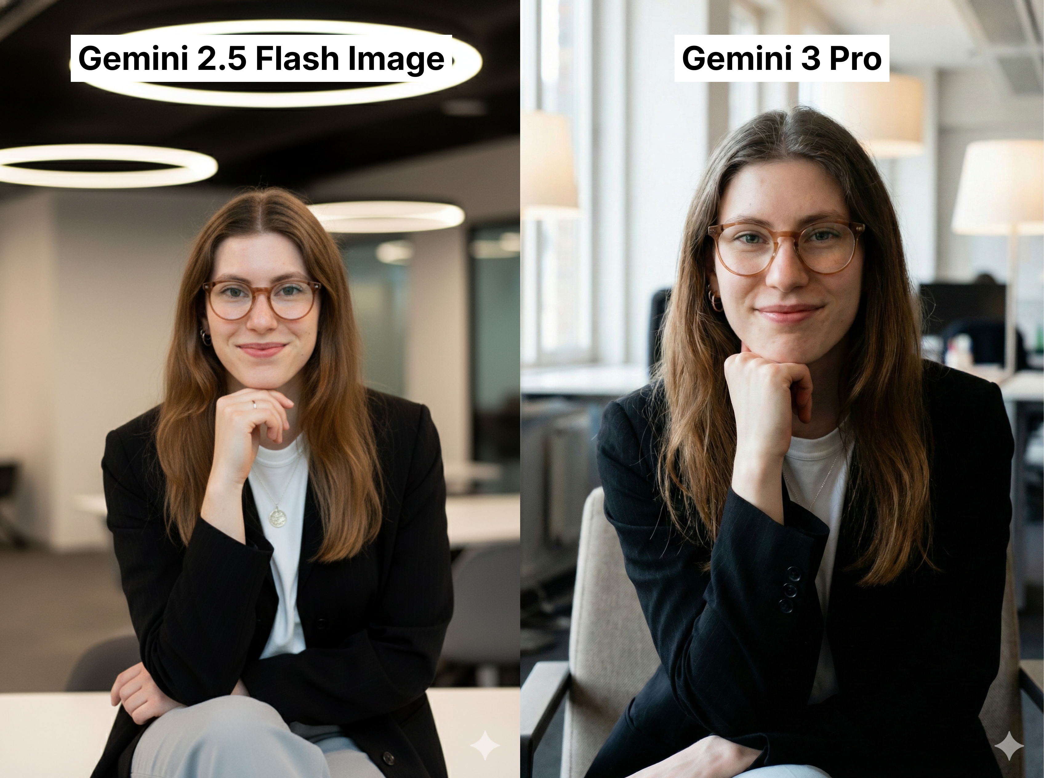 Zwei nebeneinanderstehende Porträtfotos derselben jungen Frau in einem Bürosetting, die jeweils von unterschiedlichen KI-Modellen erzeugt wurden. Sie sitzt in beiden Bildern lächelnd mit aufgestütztem Kinn, trägt eine runde Brille, lange braune Haare, einen schwarzen Blazer und ein weißes Shirt.Links zeigt das Bild „Gemini 2.5 Flash Image“ eine klar ausgeleuchtete, moderne Büroumgebung mit runden, leuchtenden Deckenringen. Rechts zeigt „Gemini 3 Pro“ eine weichere, natürlichere Lichtstimmung in einem Büro mit großen Fenstern und warmen Stehlampen im Hintergrund.