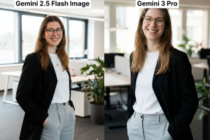 Zwei nebeneinander angeordnete Porträtaufnahmen derselben jungen Frau in einem modernen Büro. Sie steht jeweils entspannt mit den Händen in den Hosentaschen, lächelt in die Kamera und trägt einen schwarzen Blazer, ein weißes Shirt und eine graue Stoffhose. Links zeigt das Bild „Gemini 2.5 Flash Image“ eine klare, helle Büroatmosphäre mit großen Fenstern und Tageslicht. Rechts im Bild „Gemini 3 Pro“ wirkt die Lichtstimmung weicher und natürlicher; im Hintergrund sind Schreibtische, Pflanzen und helle Fensterfronten erkennbar.