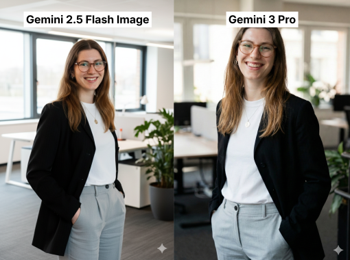 Zwei nebeneinander angeordnete Porträtaufnahmen derselben jungen Frau in einem modernen Büro. Sie steht jeweils entspannt mit den Händen in den Hosentaschen, lächelt in die Kamera und trägt einen schwarzen Blazer, ein weißes Shirt und eine graue Stoffhose. Links zeigt das Bild „Gemini 2.5 Flash Image“ eine klare, helle Büroatmosphäre mit großen Fenstern und Tageslicht. Rechts im Bild „Gemini 3 Pro“ wirkt die Lichtstimmung weicher und natürlicher; im Hintergrund sind Schreibtische, Pflanzen und helle Fensterfronten erkennbar.