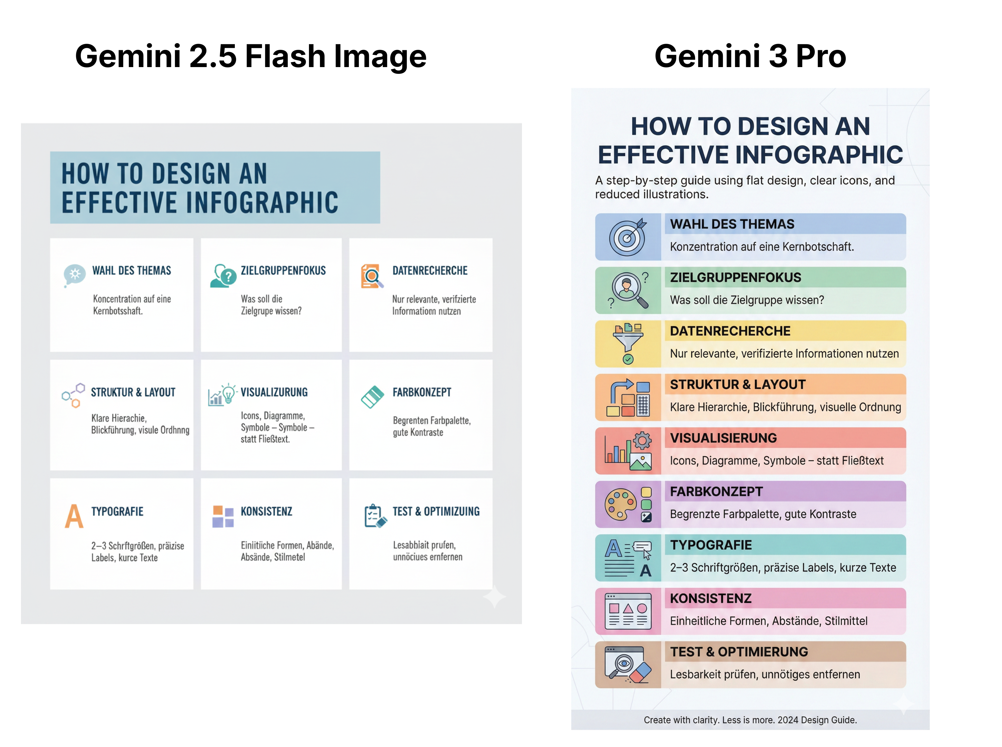 Zwei Infografiken nebeneinander, die beide das Thema „How to Design an Effective Infographic“ darstellen.Links („Gemini 2.5 Flash Image“) eine schlichte, rasterbasierte Grafik in Pastelltönen: neun rechteckige Felder mit Icons und kurzen deutschen Stichpunkten zu Themen wie Wahl des Themas, Zielgruppenfokus, Datenrecherche, Struktur & Layout, Visualisierung, Farbkonzept, Typografie, Konsistenz sowie Test & Optimierung. Rechts („Gemini 3 Pro“) eine farbenfrohere, vertikal angeordnete Infografik mit illustrativen Icons. Die gleichen Inhalte erscheinen als durchgängige farbige Balken untereinander, ebenfalls mit deutschen Stichpunkten und zusätzlichem kurzen englischen Untertitel am Anfang („A step-by-step guide using flat design…“).
