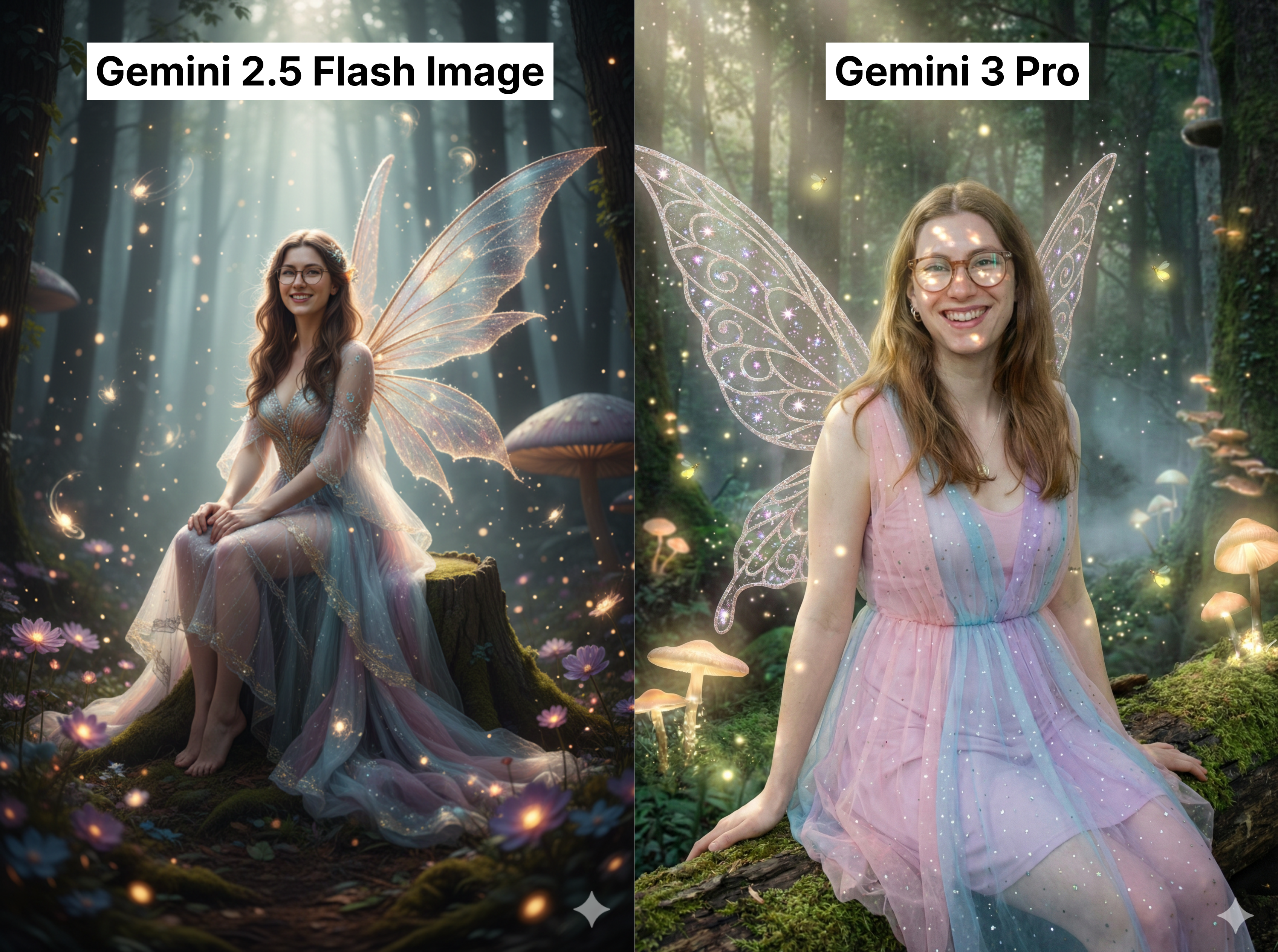 Zwei nebeneinander dargestellte Fantasy-Szenen derselben jungen Frau, die als Elfenfigur in einem märchenhaften Wald inszeniert ist.Links („Gemini 2.5 Flash Image“) sitzt sie barfuß auf einem moosigen Baumstumpf, trägt ein zart schimmerndes, langes Feenkleid in Pastelltönen und hat transparente Glitzerflügel. Sonnenstrahlen fallen durch die Bäume, umgeben von schwebenden Lichtpartikeln, Blumen und großen Pilzen. Rechts („Gemini 3 Pro“) sitzt sie auf einem bemoosten Baumstamm, ebenfalls mit schimmernden Feenflügeln und einem pastellfarbenen Kleid. Die Umgebung zeigt einen mystischen Wald mit leuchtenden Pilzen und funkelnden Lichtpunkten in der Luft.