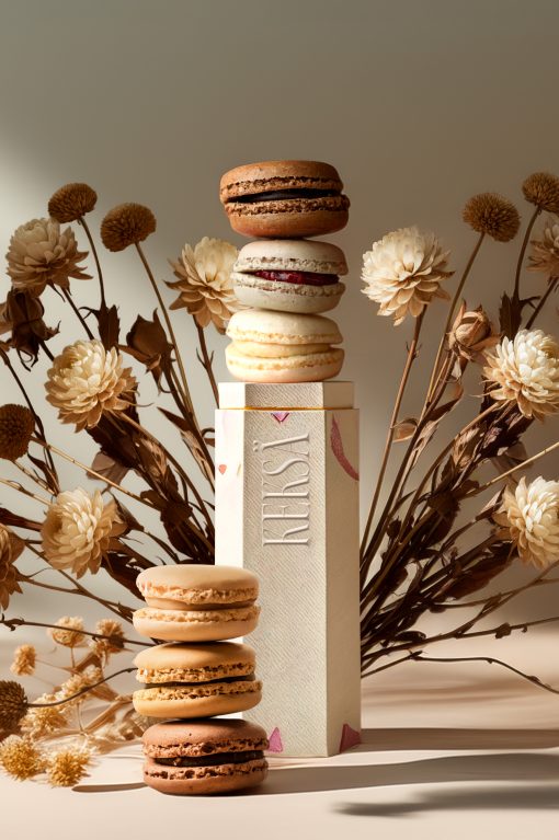 Ein Bild für eine fiktive Kampagne mit einem Packaging für Macarons und Trockenblumen im Hintergrund