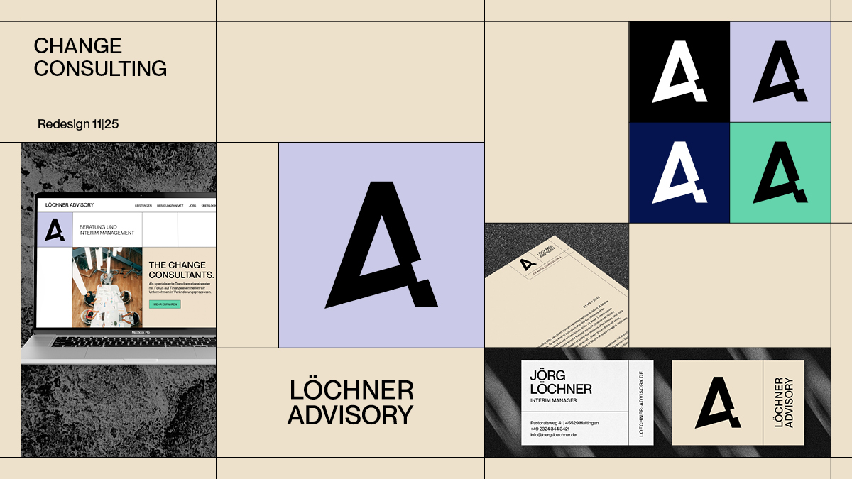 Corporate Design für eine Beratungsfirma, zeigt Logo mit stilisiertem »A« in mehreren Farben, Visitenkarte, Briefpapier und Website in neutralen Tönen und dezentem Lila.