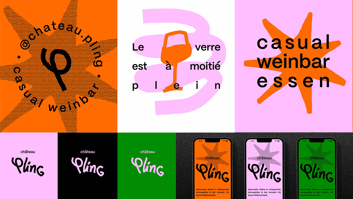 Farbenfrohes, verspieltes Erscheinungsbild für eine Weinbar mit Typografieexperimente, leuchtenden Farben (Orange, Pink, Grün) und Smartphone-Screens mit Social-Media-Grafiken.