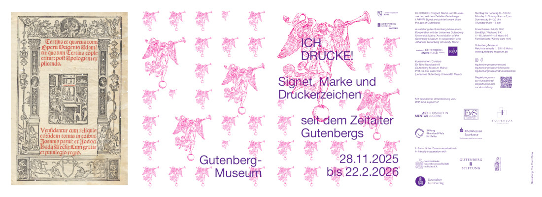 Flyer zur Ausstellung: Ich drucke, Buchcover, die Marke Gutenberg