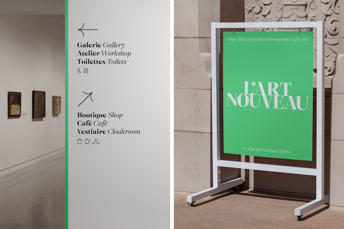 Schrift Selestin der britischen Foundry The Northern Block mit tropfenförmigen, kugeligen Serifen im Museum, auf Plakat und als Leitsystem