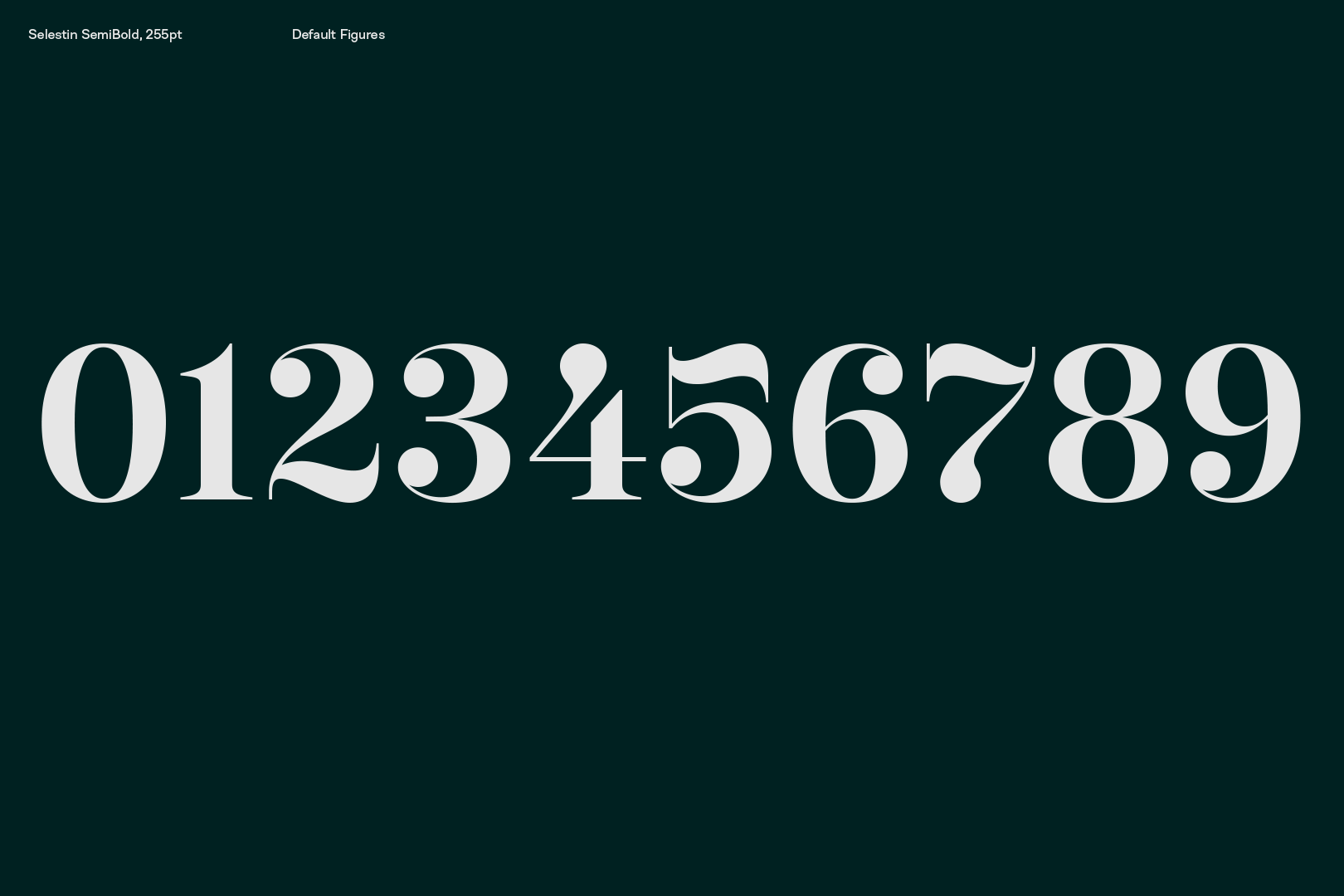 Zahlen in der Schrift Selestin der britischen Foundry The Northern Block mit tropfenförmigen, kugeligen Serifen, weiß auf Schwarz