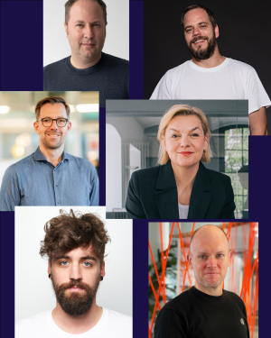 Collage aus sieben Porträtfotos von Personen unterschiedlicher Altersgruppen vor neutralen Hintergründen.