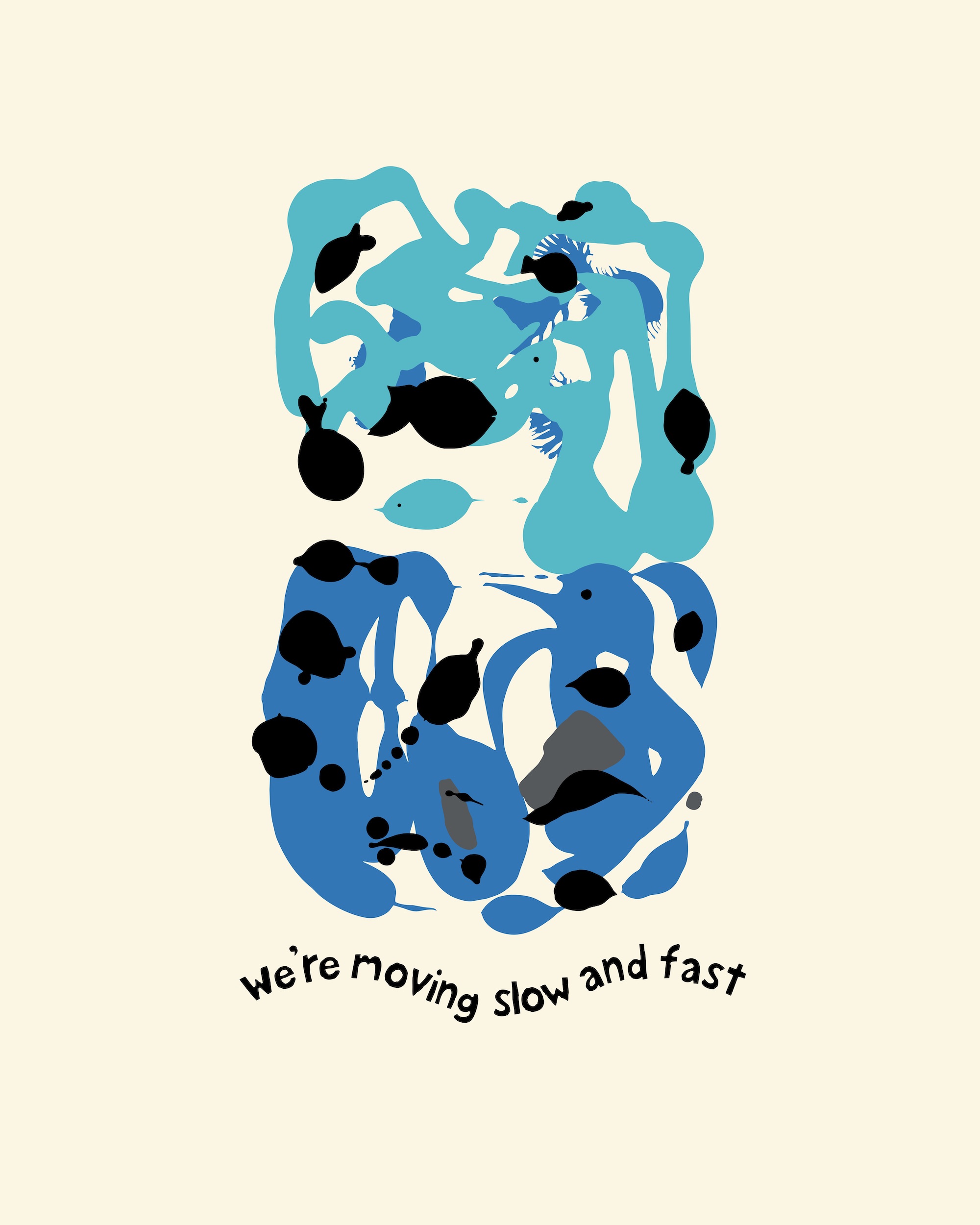 Auf hellem Hintergrund sieht man ein abstraktes Bild des Künstlers Max Trutt. Die dazugehörige Textzeile »We are moving slow and fast« ist in der schrift FF Bokka gesetzt.